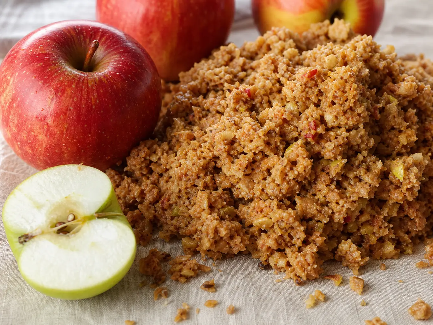 Fresh apples beside pressed apple pomace pulp — the fruit-industry by-product used to make apple leather