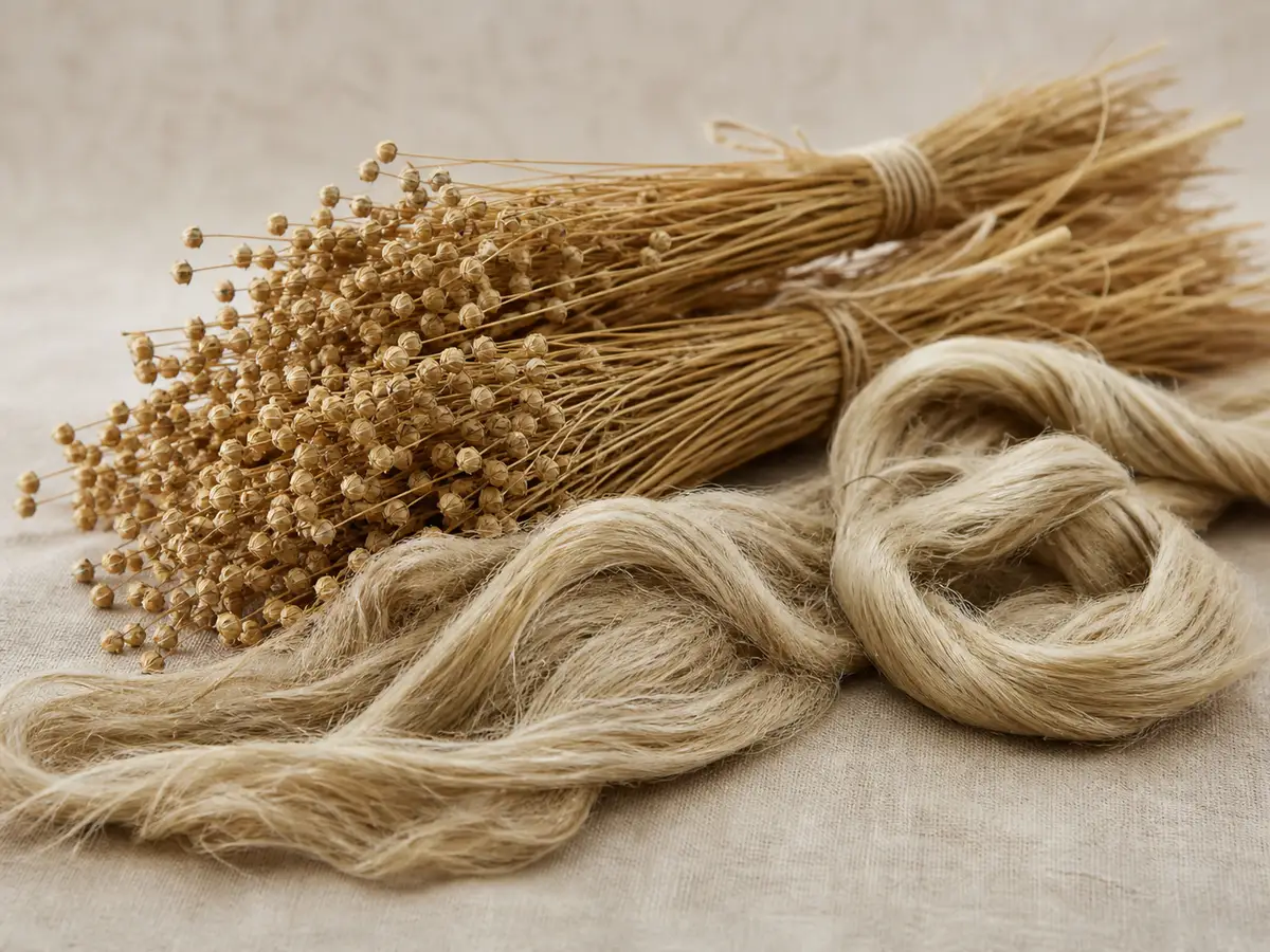 Dried flax stalks and combed pale flax fibre — the plant feedstock for linen