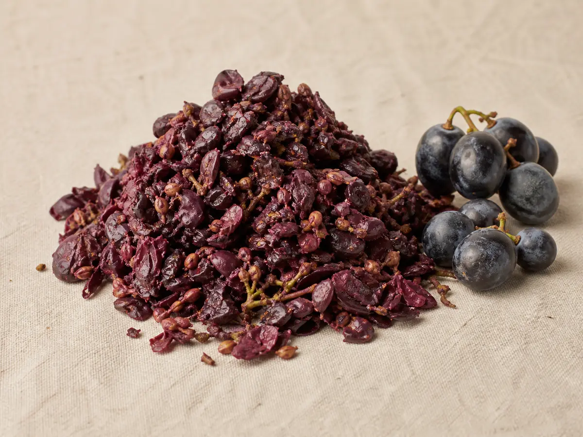 Pressed grape marc and dark wine grapes on linen — the winemaking by-product behind grape leather
