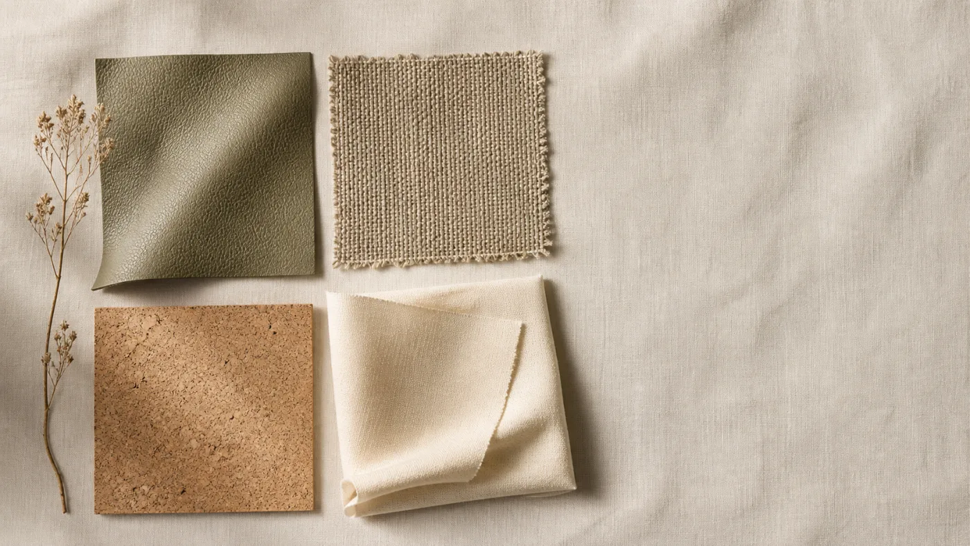 Sustainable material swatches — sage leather alternative, jute weave, cork and organic cotton on natural linen