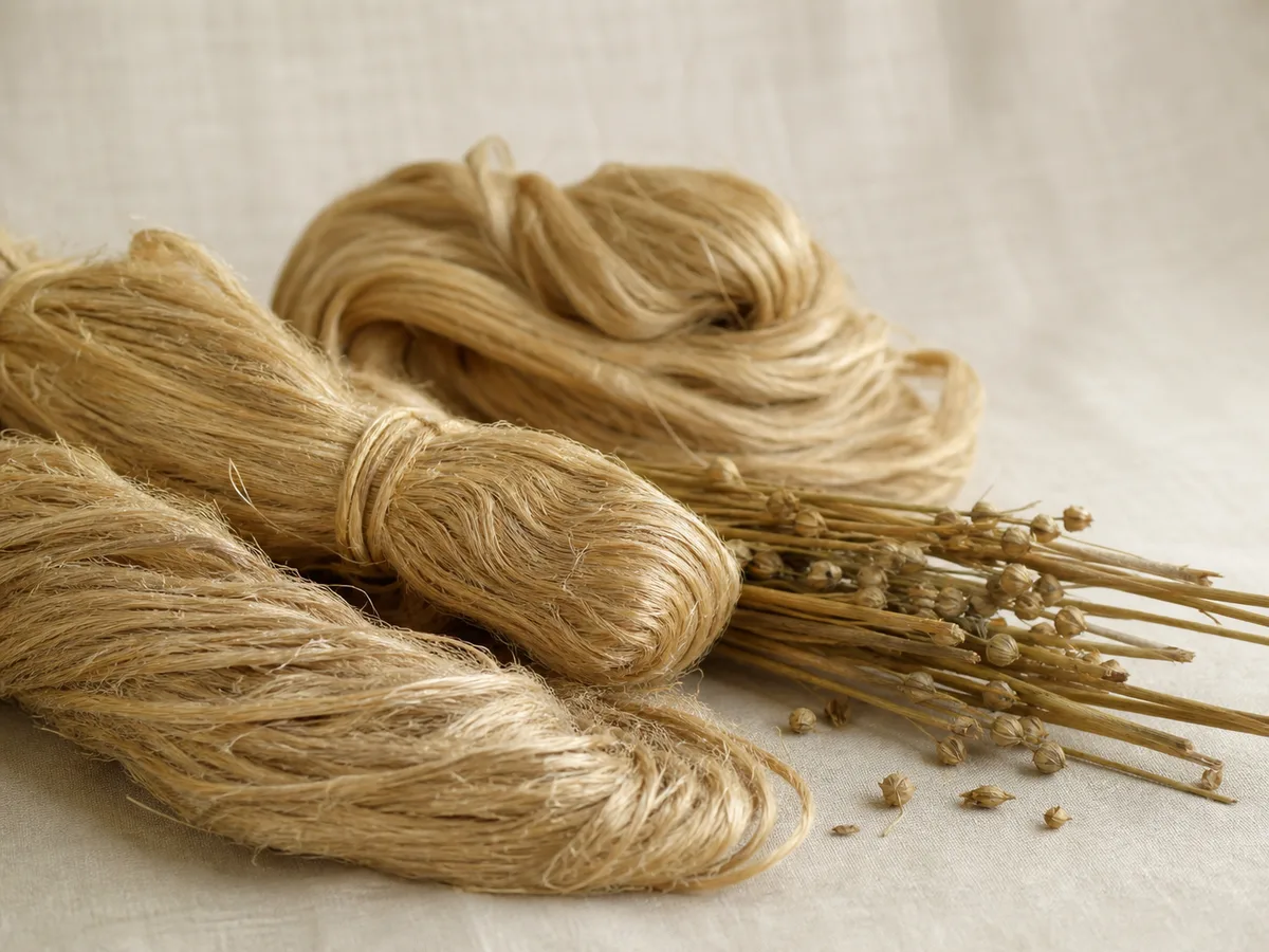 Hanks of golden raw jute fibre and dried jute stalks — the plant feedstock for jute