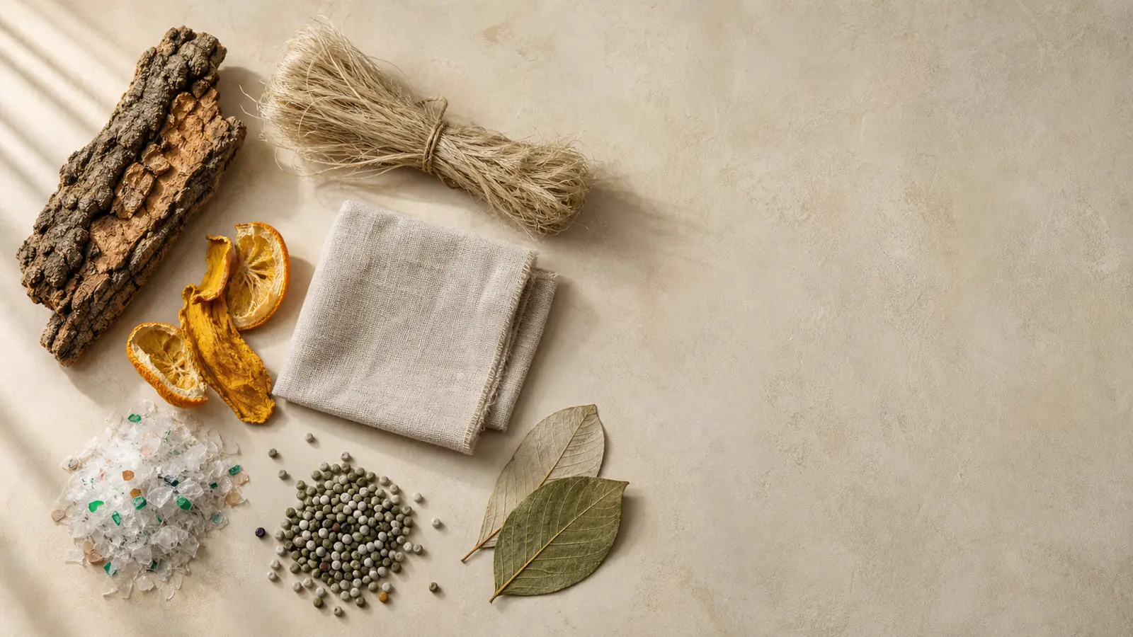 Flat-lay of raw sustainable material sources including cork bark, natural fibre, dried fruit peel, linen and recycled plastic flakes
