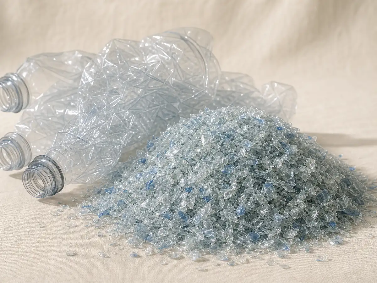 Recycled PET flakes and crushed clear bottles — the post-consumer feedstock for recycled polyester