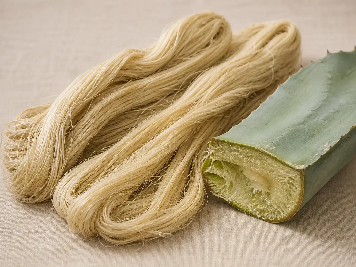 Pale raw sisal leaf fibre and a cut agave leaf — the agave-plant feedstock for sisal