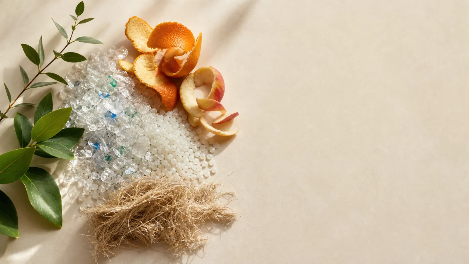 Fresh leaves beside recycled plastic flakes, fruit peel and natural fibre representing the move from waste to renewable materials